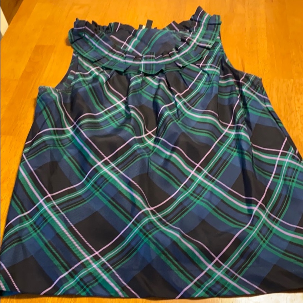 Plaid, ruffle neck blouse. EUC size 6.